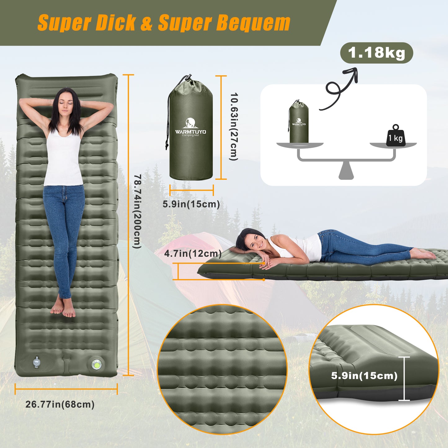 Electric Self-Inflating Sleeping Pad, 12cm Extra Thick Camping Air Mattress with Built-In Pillow, Waterproof & Anti-Ripstop Inflatable Sleeping Mat for Hiking, Backpacking, Outdoor Camping & Tents