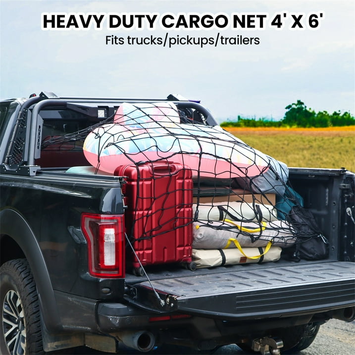 DIAMOOKY 12ft x 8ft Truck Bed Net, Universal Adjustable Elastic Mesh Organizer, Heavy Duty Cargo Net for Pickup Truck Bed, with 8 Hooks - Bold Single Layer