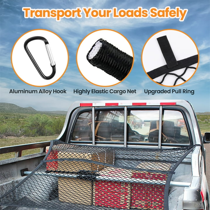 DIAMOOKY 7ft x 7ft Truck Bed Net, Universal Adjustable Elastic Mesh Organizer, Heavy Duty Cargo Net for Pickup Truck Bed, with 8 Hooks - Single Layer