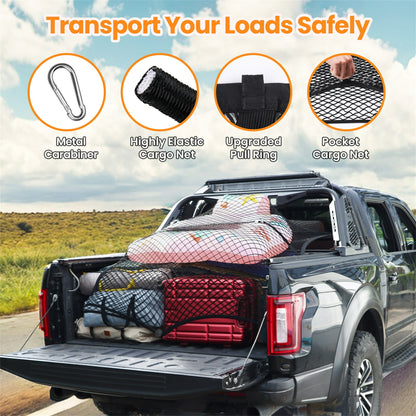 DIAMOOKY 7ft x 7ft Truck Bed Net, Universal Adjustable Elastic Mesh Organizer, Heavy Duty Cargo Net for Pickup Truck Bed, with 8 Hooks - Doube Layer