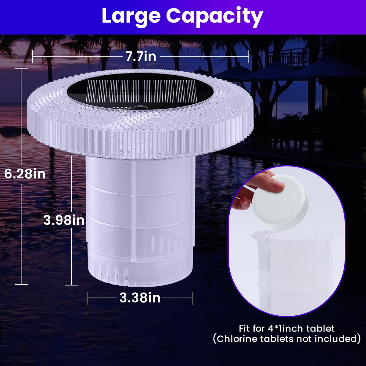 Warmtuyo Solar Rechargeable Floating Pool Lights with Remote Control IP68 Waterproof Chlorine Floater Dispenser for Inground Pool, Bathroom, Bathtub, Pool Party,for 3'' or 1'' Tablets