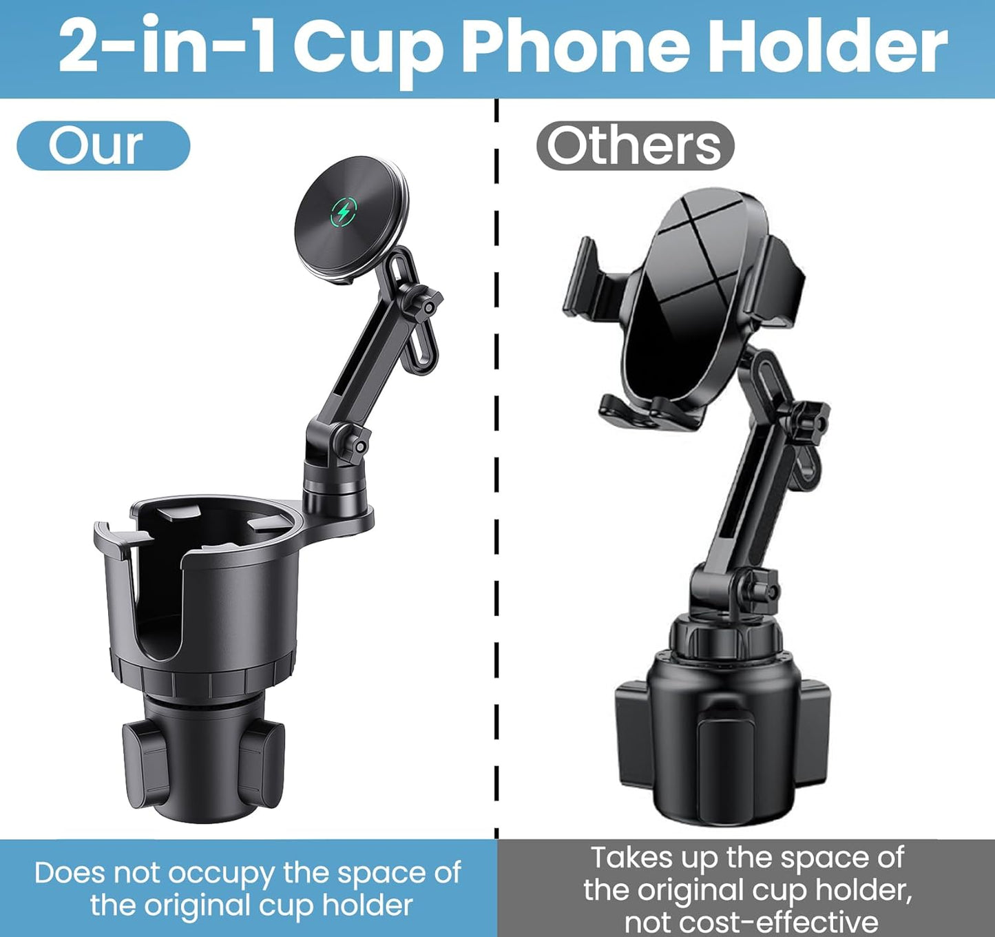 DIAMOOKY Magnetic Cup Holder Phone Mount for Magsafe Wireless Car Mount Charger 15W Cell Phone Stand with Adjustable Height for iPhone 12-16 Series