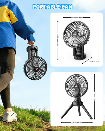 WARMTUYO Camping Fan with LED Lantern Outdoor Pedestal Fan Battery Operated Adjustable Height & Ultra Quiet for Patio Yard Beach