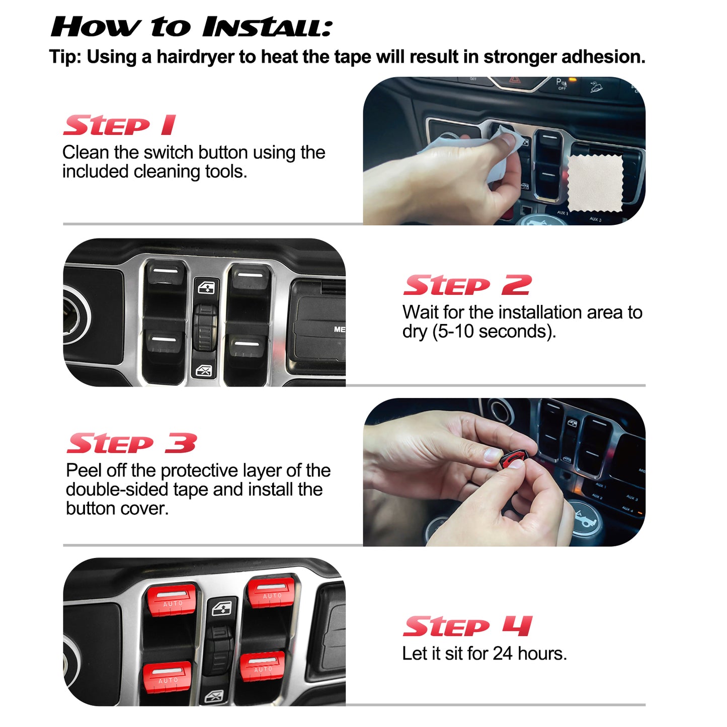 DIAMOOKY Metal Window Switch Button Cover 4PCS for Jeep Wrangler JL JLU 2018-2025 and Gladiator JT 2020-2025 Accessories,Red