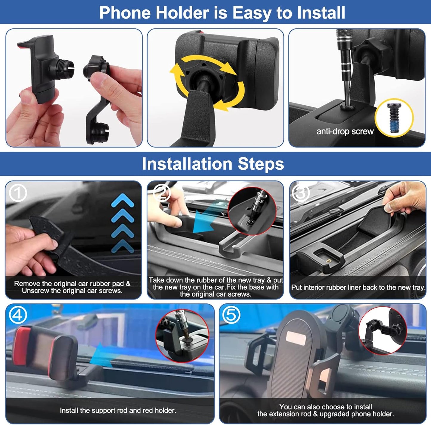 DIAMOOKY Phone Mount for 2018-2023 Jeep Wrangler JL JLU & Gladiator JT, Phone Holder Dash Tray System Kit with Metal Rod Extension Arm 360° Adjustable