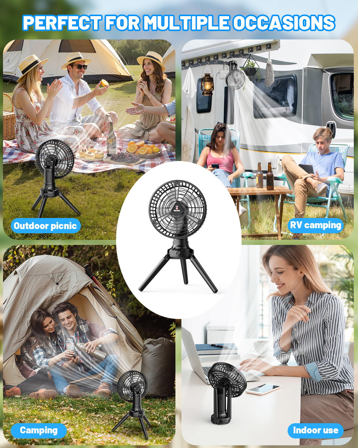 WARMTUYO Camping Fan with LED Lantern Outdoor Pedestal Fan Battery Operated Adjustable Height & Ultra Quiet for Patio Yard Beach