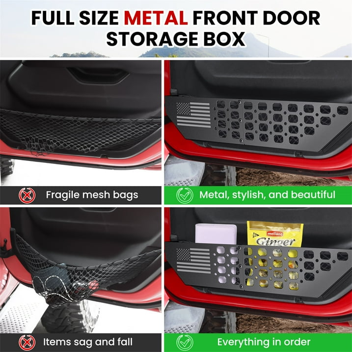 DIAMOOKY Front Door Pocket Storage Box for Jeep Wrangler JL JLU 4XE 2018-2025 & Gladiator JT 2020-2022 2023 2024 2025, 2PCS - Front Door Flat Flag
