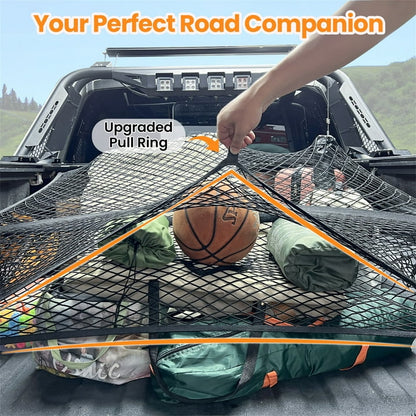 DIAMOOKY 7ft x 7ft Truck Bed Net, Universal Adjustable Elastic Mesh Organizer, Heavy Duty Cargo Net for Pickup Truck Bed, with 8 Hooks - Doube Layer