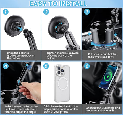 DIAMOOKY Magnetic Cup Holder Phone Mount for Magsafe Wireless Car Mount Charger 15W Cell Phone Stand with Adjustable Height for iPhone 12-16 Series