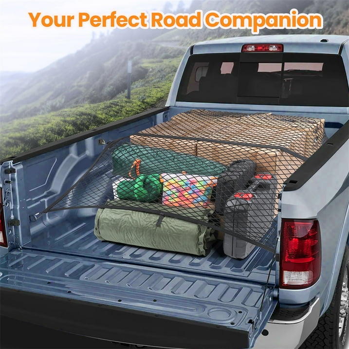 DIAMOOKY 7ft x 7ft Truck Bed Net, Universal Adjustable Elastic Mesh Organizer, Heavy Duty Cargo Net for Pickup Truck Bed, with 8 Hooks - Single Layer