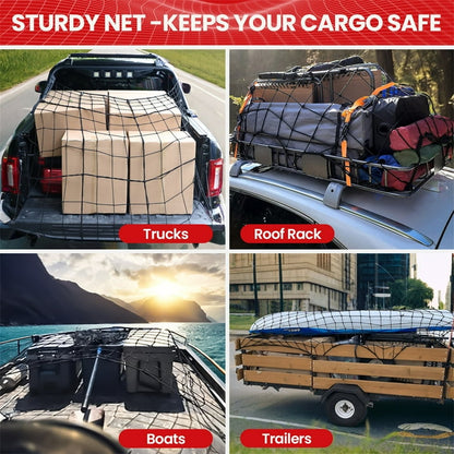 DIAMOOKY 12ft x 8ft Truck Bed Net, Universal Adjustable Elastic Mesh Organizer, Heavy Duty Cargo Net for Pickup Truck Bed, with 8 Hooks - Bold Single Layer