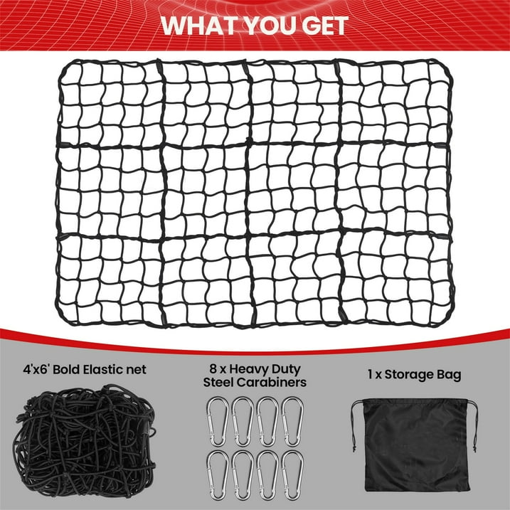 DIAMOOKY 12ft x 8ft Truck Bed Net, Universal Adjustable Elastic Mesh Organizer, Heavy Duty Cargo Net for Pickup Truck Bed, with 8 Hooks - Bold Single Layer