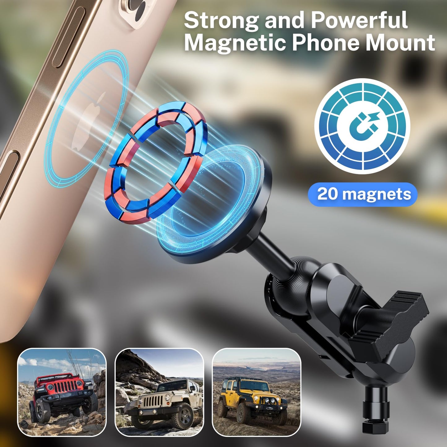 DIAMOOKY Stainless Steel Phone Mount for Jeep Wrangler JK JKU 2011-2017, All-Metal Magnetic & Clamp Dual-Head Dash Holder, Anti-Shake Cradle with American Flag Design, Uses OEM Screws