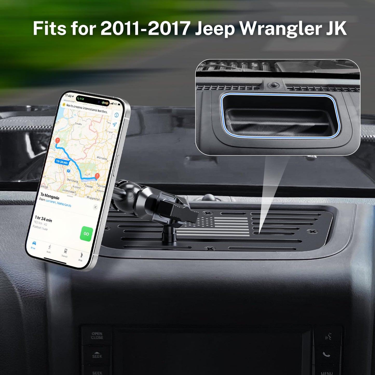 DIAMOOKY Stainless Steel Phone Mount for Jeep Wrangler JK JKU 2011-2017, All-Metal Magnetic & Clamp Dual-Head Dash Holder, Anti-Shake Cradle with American Flag Design, Uses OEM Screws