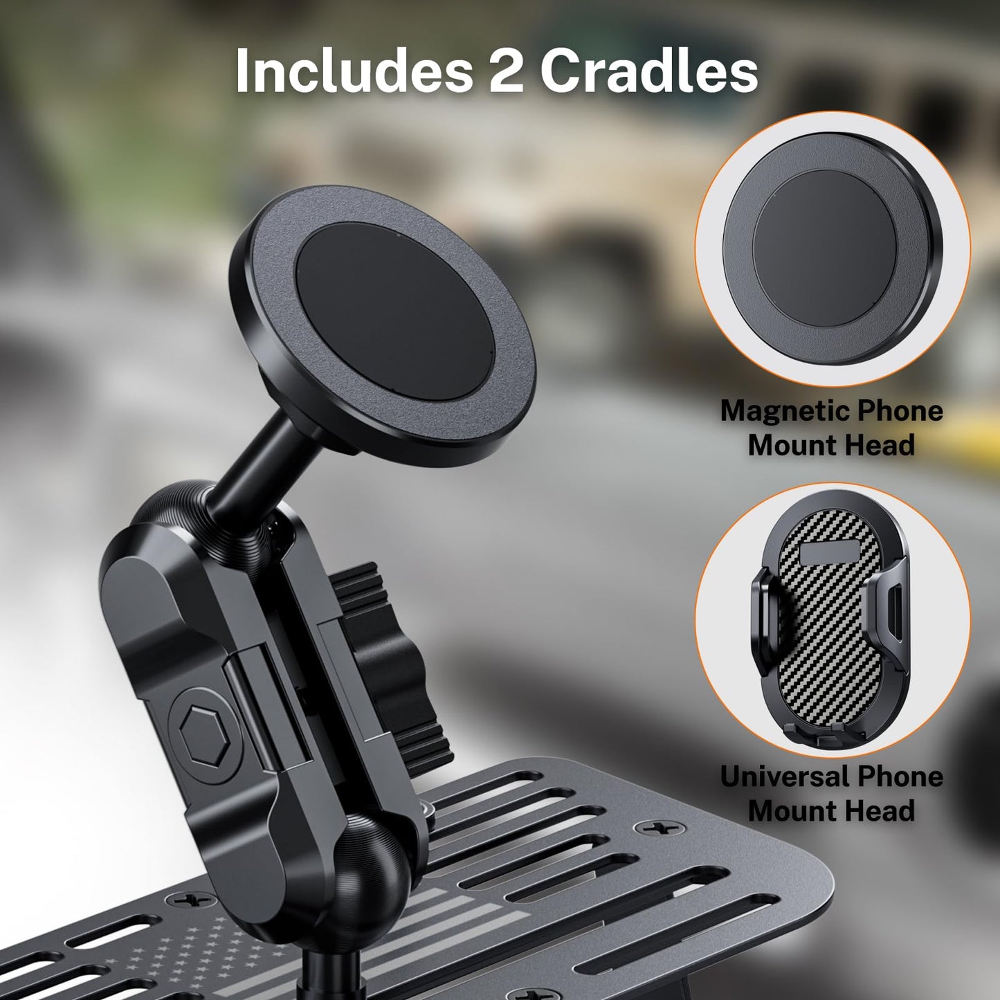 DIAMOOKY Stainless Steel Phone Mount for Jeep Wrangler JK JKU 2011-2017, All-Metal Magnetic & Clamp Dual-Head Dash Holder, Anti-Shake Cradle with American Flag Design, Uses OEM Screws
